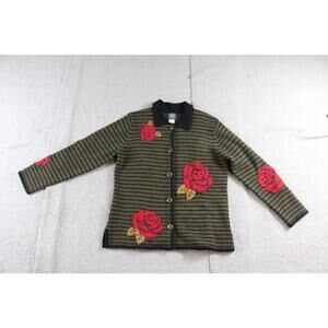 Vintage Susan Bristol Cardigan Sweater L Striped Floral Embroidered Wool Blend